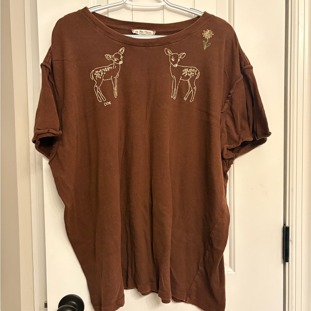 We The Free Brown T-Shirt with Doe Embroidery